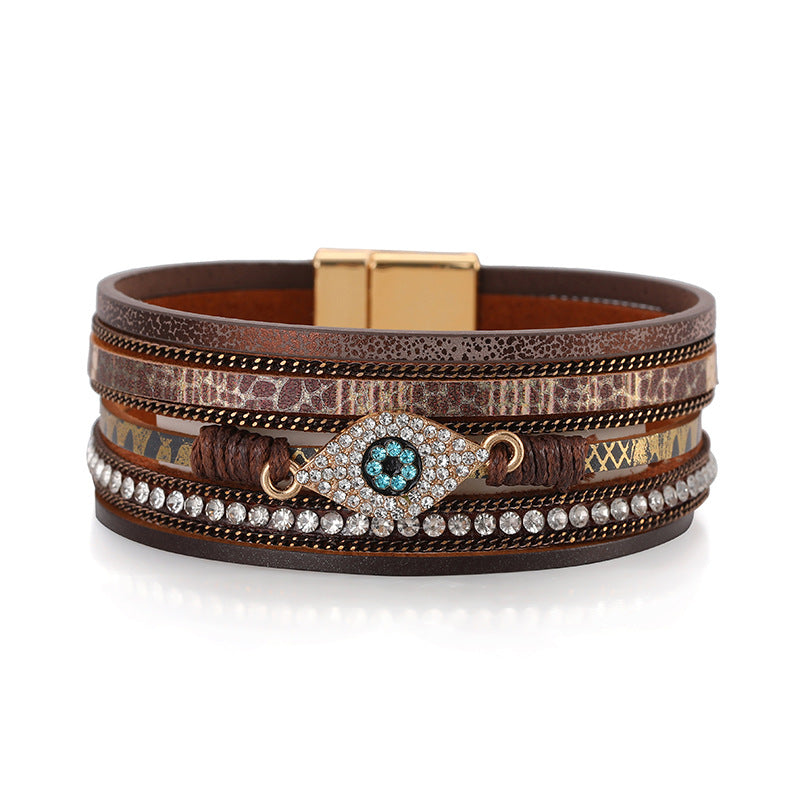 Wholesale Devil's Eye Diamond Design Multi-Layer Pu Leather Ethnic Style Bracelet